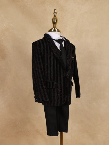 Black Striped Design Velvet Suit For Boys - Diadem