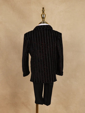 Black Striped Design Velvet Suit For Boys - Diadem
