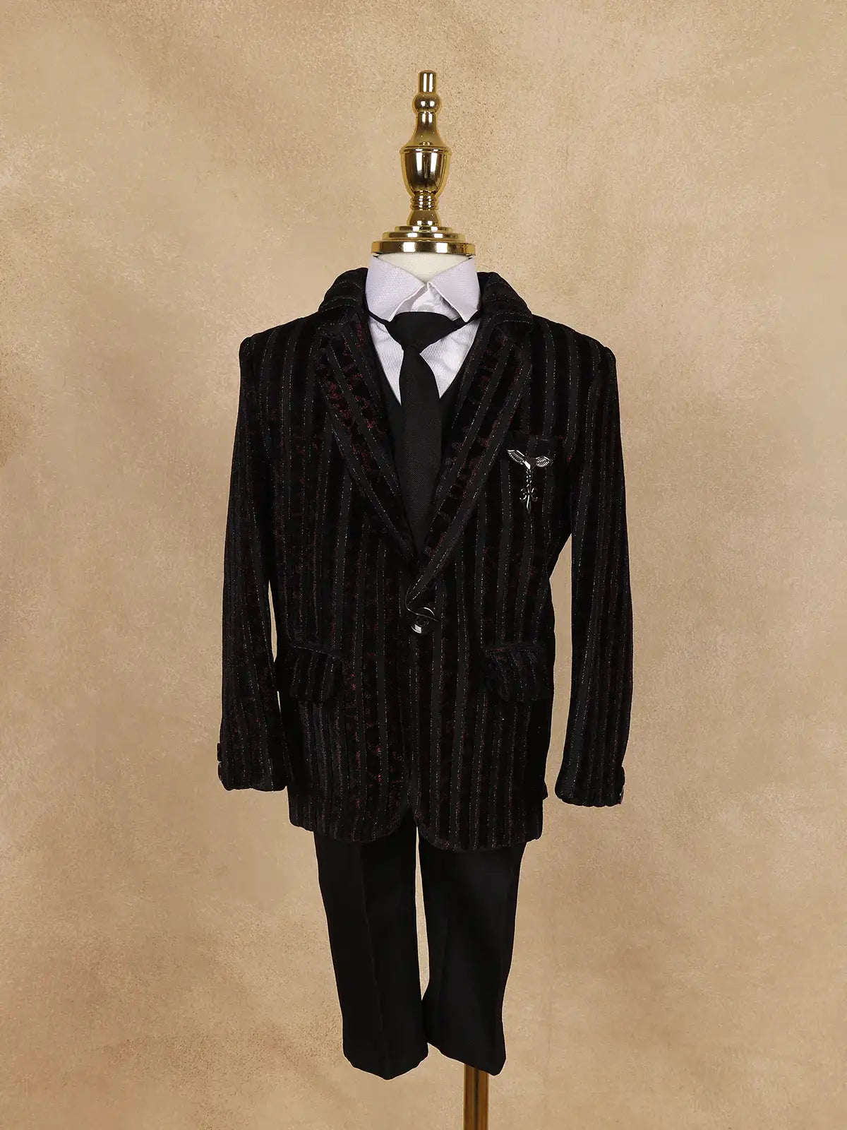 Black Striped Design Velvet Suit For Boys - Diadem