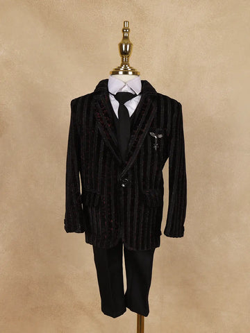 Black Striped Design Velvet Suit For Boys - Diadem