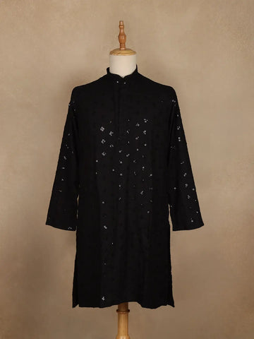 Black Thread Embroidered Sequin Work Cotton Kurta For Men - Diadem