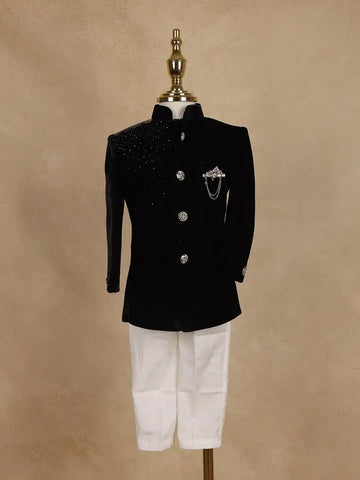Black Velvet Kids Indo-Western Sherwani With White Pants - Diadem