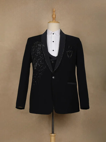 Navy Blue Embellished Viscose Men's Suit - Diadem