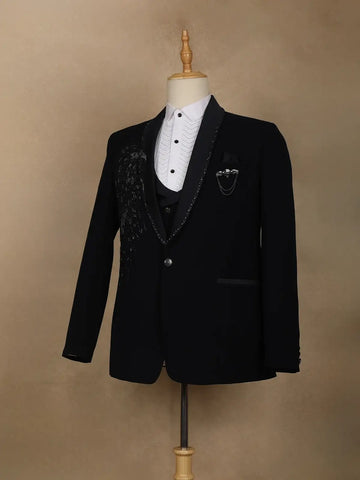 Navy Blue Embellished Viscose Men's Suit - Diadem