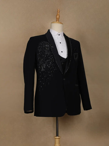 Navy Blue Embellished Viscose Men's Suit - Diadem