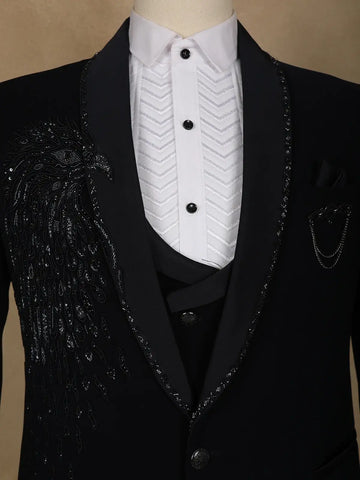 Navy Blue Embellished Viscose Men's Suit - Diadem