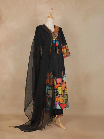 Black Abstract Printed Cotton Salwar Suit - Diadem