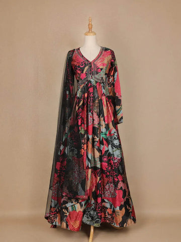 Black Abstract Printed Crepe Gown - Diadem