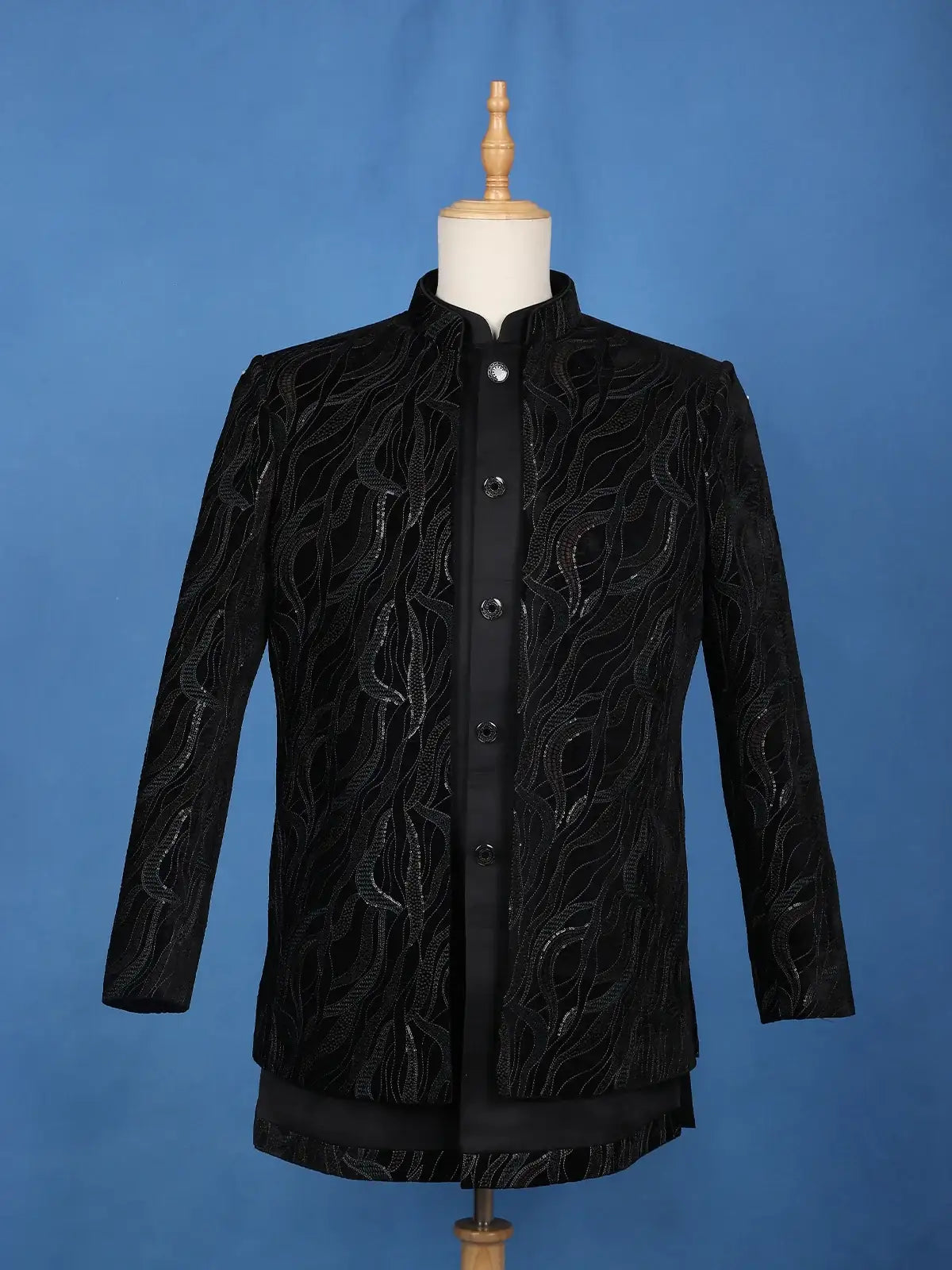 Black Abstract Thread & Sequin Embroidery Jacquard Sherwani Suit - Diadem