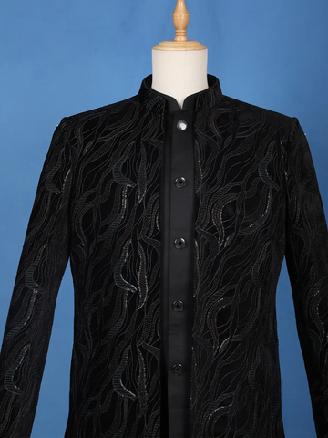 Black Abstract Thread & Sequin Embroidery Jacquard Sherwani Suit - Diadem