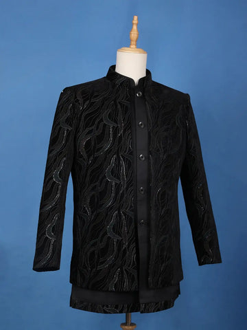 Black Abstract Thread & Sequin Embroidery Jacquard Sherwani Suit - Diadem