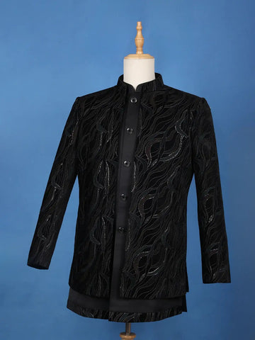 Black Abstract Thread & Sequin Embroidery Jacquard Sherwani Suit - Diadem