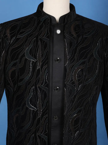 Black Abstract Thread & Sequin Embroidery Jacquard Sherwani Suit - Diadem
