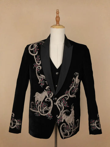 Black Animal Designed Men's Suit - Diadem