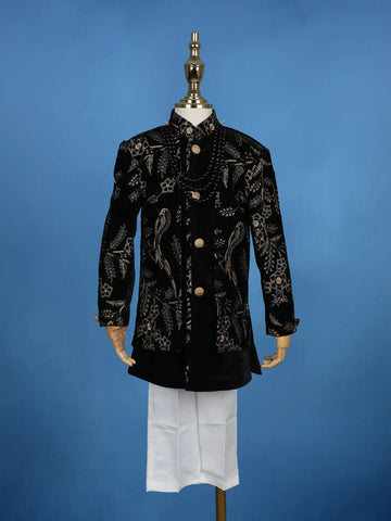 Black Cotton Floral Embroidery Sherwani And Pant Set - Diadem