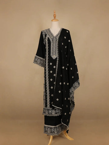 Black Floral And Mirror Work Cotton Salwar Suit - Diadem