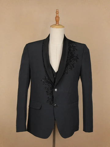 Black Floral Designed Fancy Men's Suit - Diadem