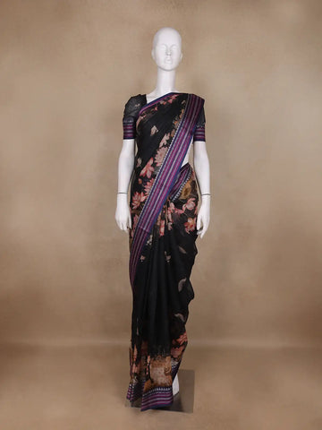 Black Floral Design Printed Kota Cotton Saree - Diadem