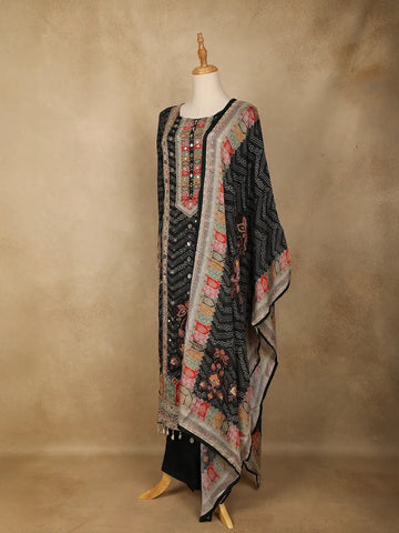 Black Floral Designed Chiffon Straight Cut Salwar Suit - Diadem