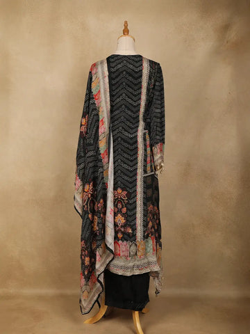 Black Floral Designed Chiffon Straight Cut Salwar Suit - Diadem