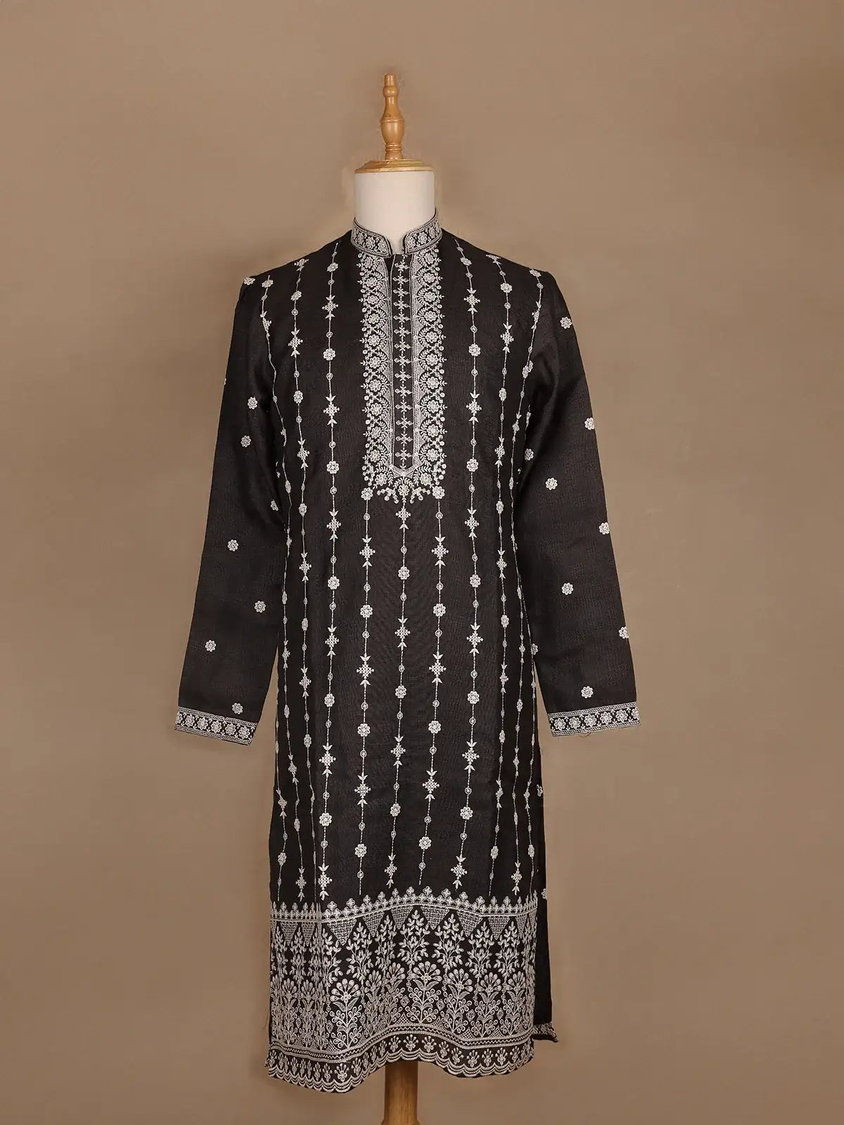 Black Floral Designed Cotton Kurta Set, With Pant - Diadem