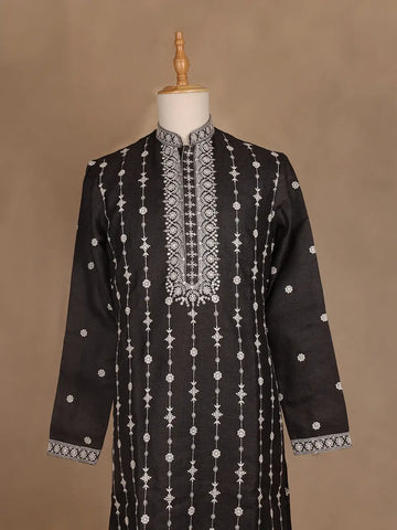 Black Floral Designed Cotton Kurta Set, With Pant - Diadem