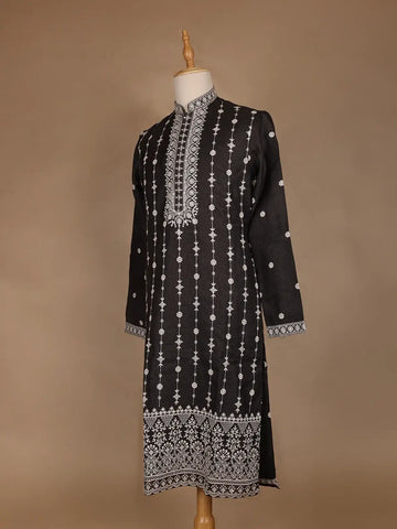 Black Floral Designed Cotton Kurta Set, With Pant - Diadem