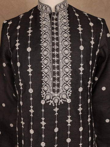 Black Floral Designed Cotton Kurta Set, With Pant - Diadem