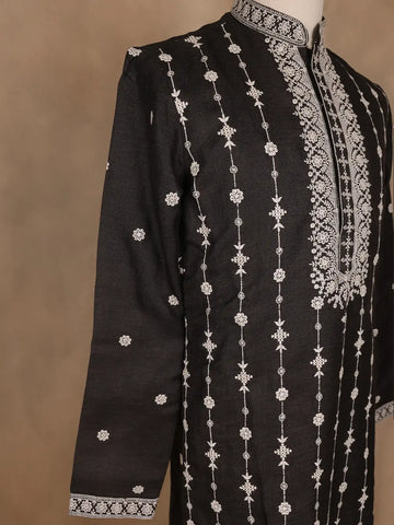 Black Floral Designed Cotton Kurta Set, With Pant - Diadem