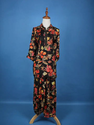 Black Floral Designed Cotton Salwar Suit - Diadem