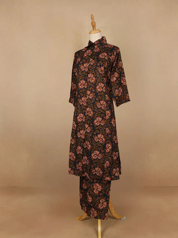 Black Floral Designed Cotton Straight Cut Salwar Suit - Diadem