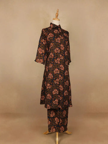Black Floral Designed Cotton Straight Cut Salwar Suit - Diadem