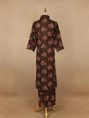 Black Floral Designed Cotton Straight Cut Salwar Suit - Diadem