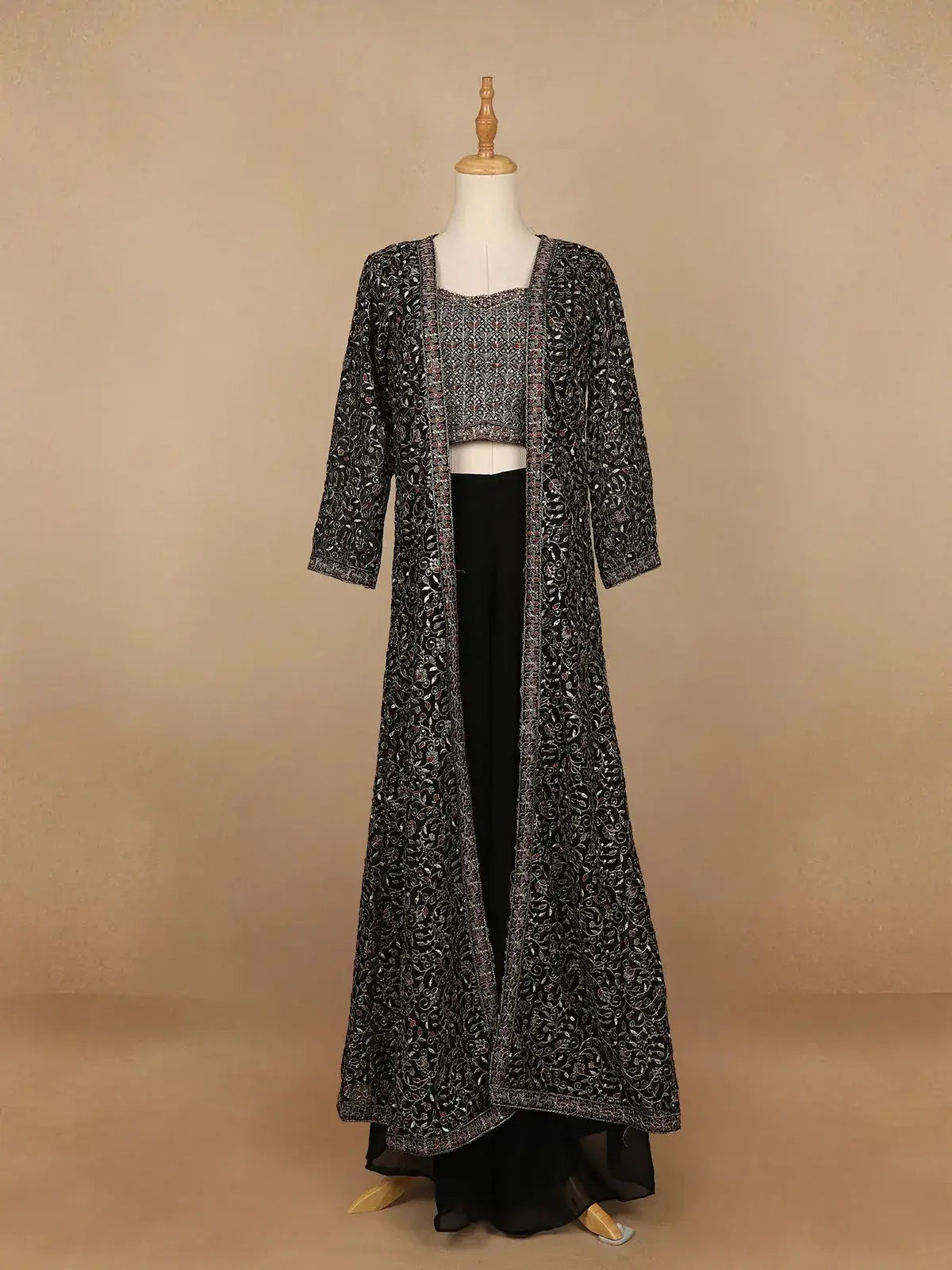 Black Floral Designed Georgette Palazzo Suit - Diadem