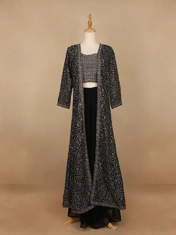 Black Floral Designed Georgette Palazzo Suit - Diadem