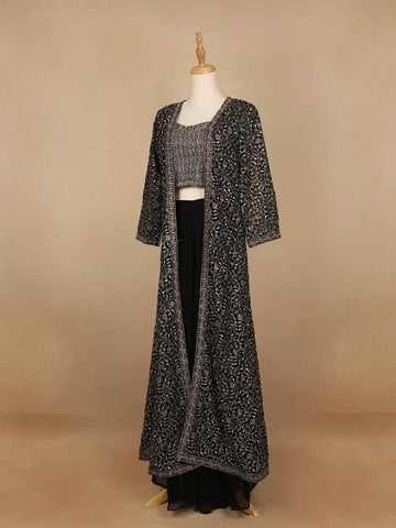 Black Floral Designed Georgette Palazzo Suit - Diadem