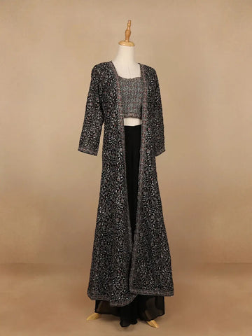 Black Floral Designed Georgette Palazzo Suit - Diadem