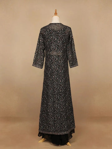 Black Floral Designed Georgette Palazzo Suit - Diadem