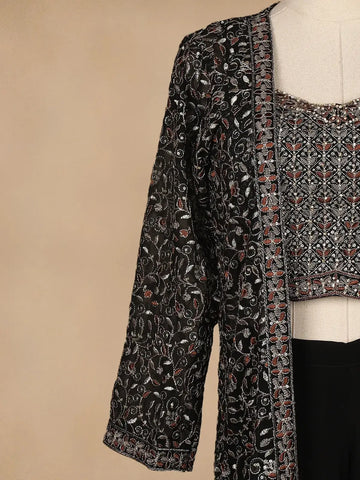 Black Floral Designed Georgette Palazzo Suit - Diadem