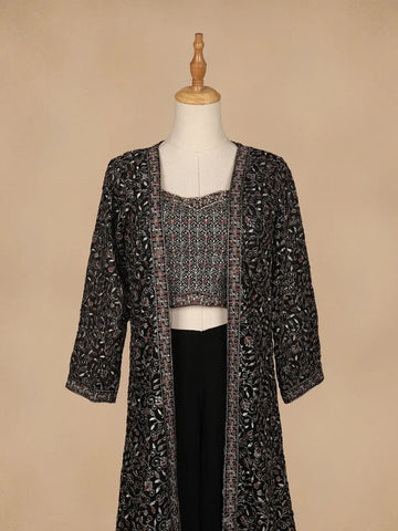 Black Floral Designed Georgette Palazzo Suit - Diadem