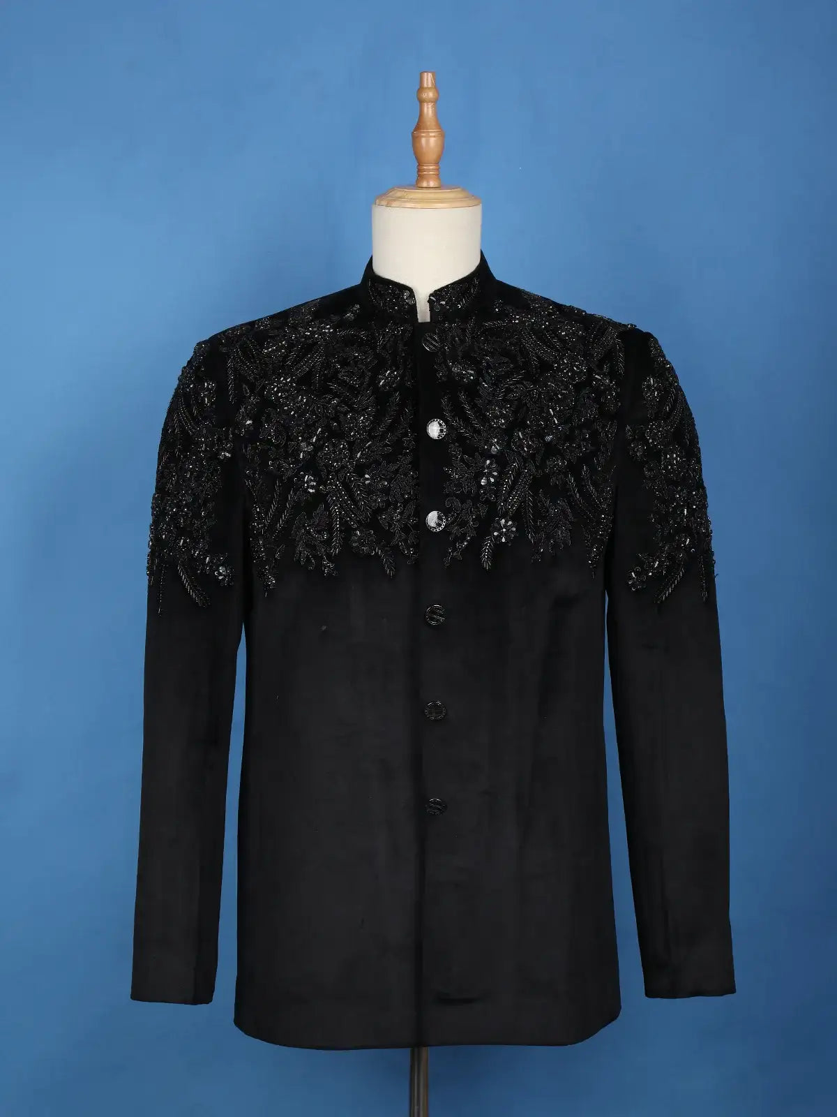 Black Floral Designed Jodhpuri Men's Suit - Diadem