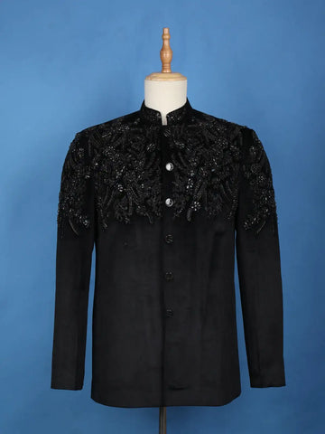 Black Floral Designed Jodhpuri Men's Suit - Diadem