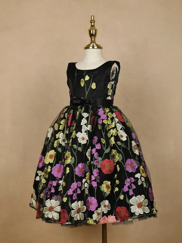 Black Floral Designed Party Gown for Girls - Diadem