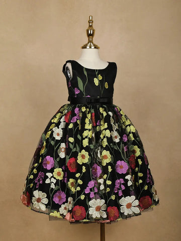 Black Floral Designed Party Gown for Girls - Diadem