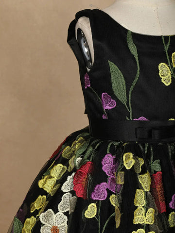 Black Floral Designed Party Gown for Girls - Diadem