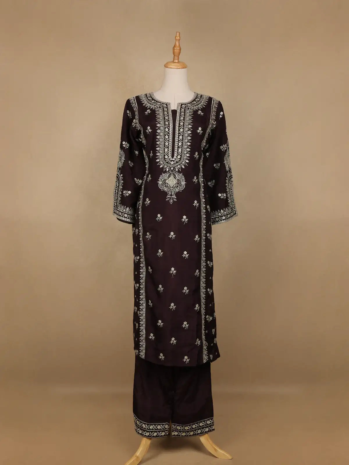 Black Floral Designed Raw Silk Salwar Suit - Diadem