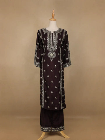 Black Floral Designed Raw Silk Salwar Suit - Diadem