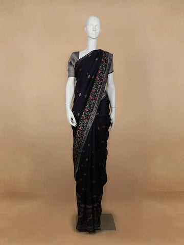 Black Floral Designed Raw Silk Saree - Diadem