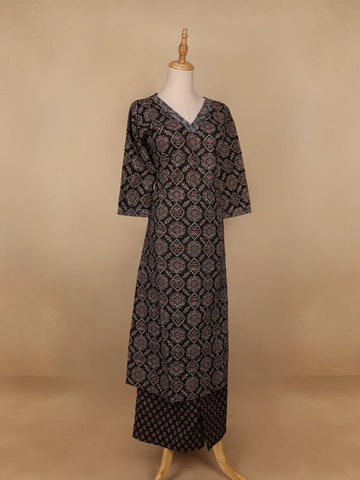 Black Floral Designed Cotton Salwar Suit - Diadem