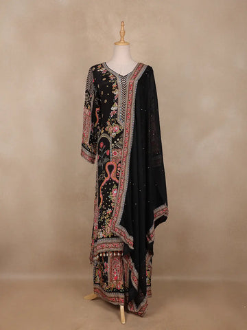 Black Floral Designed Semi Silk Palazzo Salwar Suit - Diadem